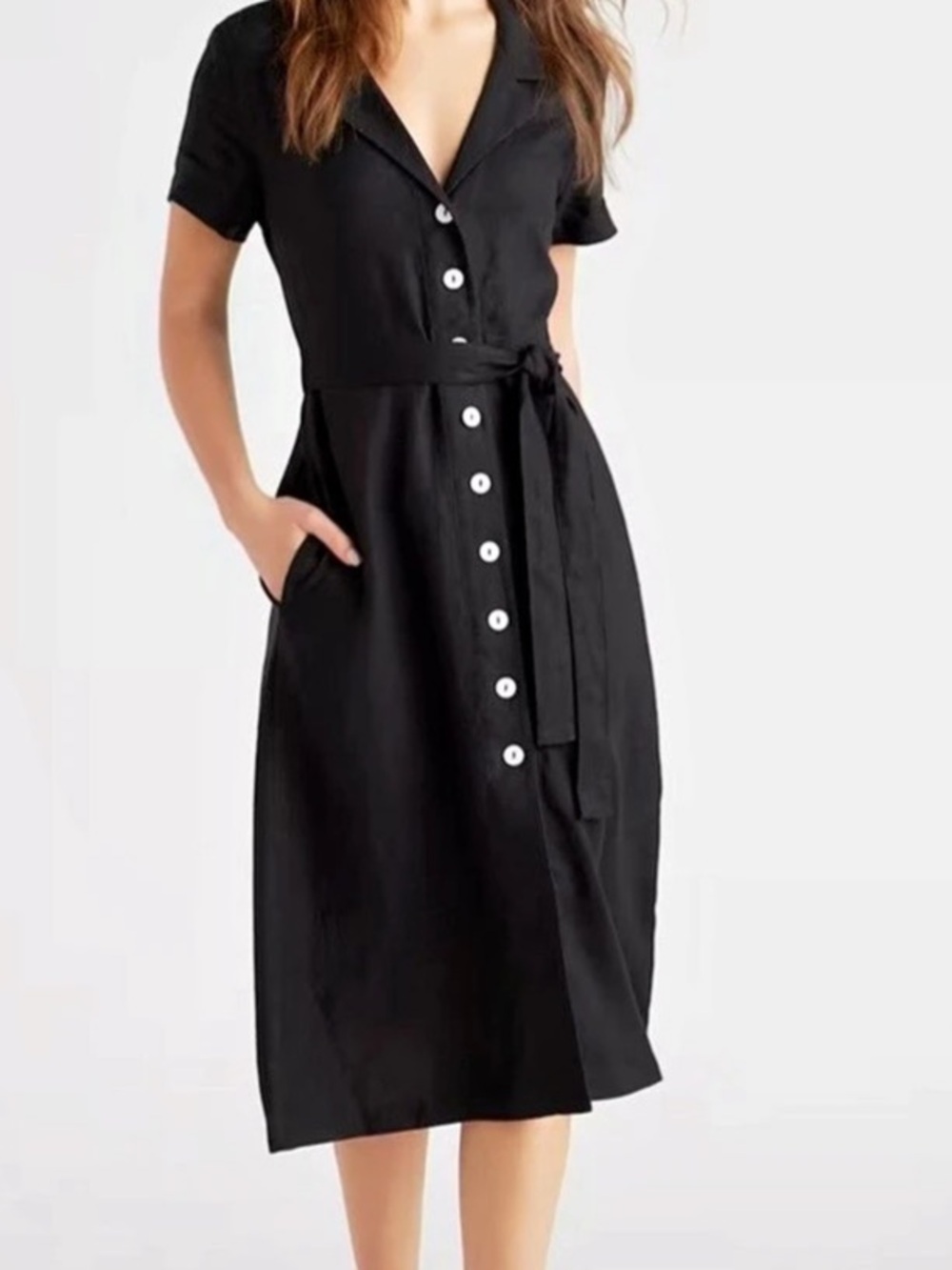 Quince 100% European Linen Button Front Dress Midi Dress in Black